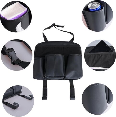 Amooca Car Backseat Organizer PU Leather Storage Bags Travel Accessories Large Pockets for Water Bottle Drink Tissue with Hooks in Kuwait