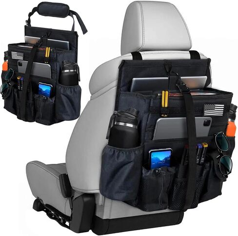 Front & Seat back organizer with dedicated tablet and laptop storage stabilizers external stabilizing side straps soft adjustable shoulder straps and hardened buckles (Black Seat Organizer) in Saudi Arabia