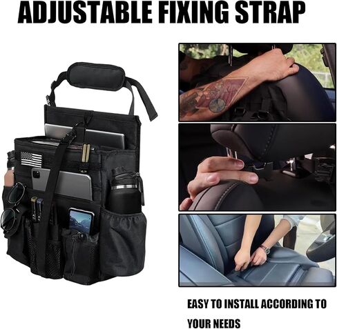 Front & Seat back organizer with dedicated tablet and laptop storage stabilizers external stabilizing side straps soft adjustable shoulder straps and hardened buckles (Black Seat Organizer) in Saudi Arabia