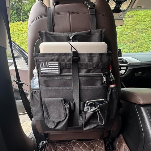 Front & Seat back organizer with dedicated tablet and laptop storage stabilizers external stabilizing side straps soft adjustable shoulder straps and hardened buckles (Black Seat Organizer) in Saudi Arabia