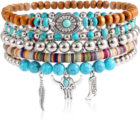 5pcs Western Bracelets, Cowgirl Boho Beaded Turquoise Bracelet Stack Summer Beach Stackable Bohemian Country Jewelry Rodeo Cowboy Chic Accessories for Women Birthday Gift in Saudi Arabia