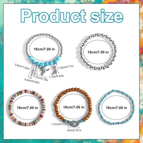 5pcs Western Bracelets, Cowgirl Boho Beaded Turquoise Bracelet Stack Summer Beach Stackable Bohemian Country Jewelry Rodeo Cowboy Chic Accessories for Women Birthday Gift in Saudi Arabia