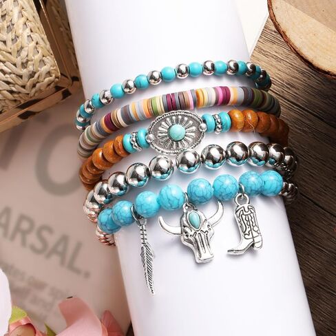 5pcs Western Bracelets, Cowgirl Boho Beaded Turquoise Bracelet Stack Summer Beach Stackable Bohemian Country Jewelry Rodeo Cowboy Chic Accessories for Women Birthday Gift in Saudi Arabia