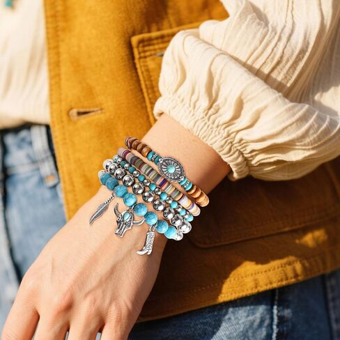 5pcs Western Bracelets, Cowgirl Boho Beaded Turquoise Bracelet Stack Summer Beach Stackable Bohemian Country Jewelry Rodeo Cowboy Chic Accessories for Women Birthday Gift in Saudi Arabia