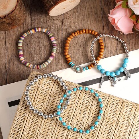 5pcs Western Bracelets, Cowgirl Boho Beaded Turquoise Bracelet Stack Summer Beach Stackable Bohemian Country Jewelry Rodeo Cowboy Chic Accessories for Women Birthday Gift in Saudi Arabia