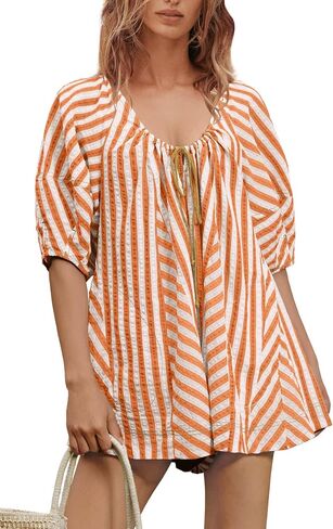 ReachMe Womens Summer Striped Rompers Oversized Puff Sleeve Wide Leg Romper Dress Trendy Beach Vacation Outfits in Kuwait