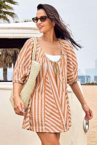 ReachMe Womens Summer Striped Rompers Oversized Puff Sleeve Wide Leg Romper Dress Trendy Beach Vacation Outfits in Kuwait