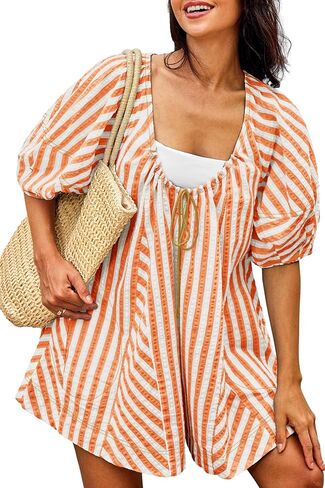 ReachMe Womens Summer Striped Rompers Oversized Puff Sleeve Wide Leg Romper Dress Trendy Beach Vacation Outfits in Kuwait