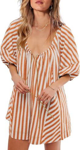 ReachMe Womens Summer Striped Rompers Oversized Puff Sleeve Wide Leg Romper Dress Trendy Beach Vacation Outfits in Kuwait