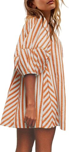 ReachMe Womens Summer Striped Rompers Oversized Puff Sleeve Wide Leg Romper Dress Trendy Beach Vacation Outfits in Kuwait