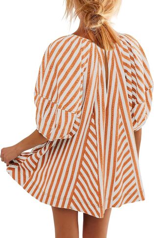 ReachMe Womens Summer Striped Rompers Oversized Puff Sleeve Wide Leg Romper Dress Trendy Beach Vacation Outfits in Kuwait