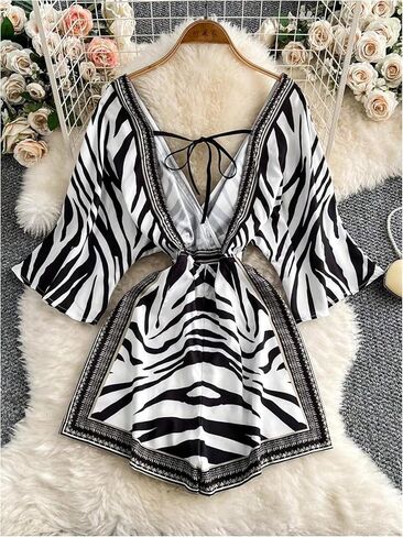 Shenhe Women's Summer Deep v Neck Romper مفتوحة الظهر in Saudi Arabia