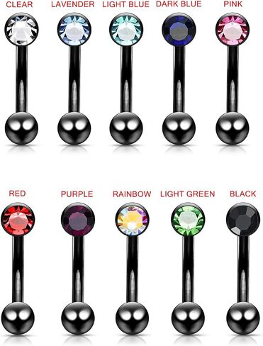 Single Crystal Stone Black Anodized 16 Gauge Stainless Steel Curved Barbell - Eyebrow Bar - Tragus Piercing - Helix Body Piercing Jewelry in Saudi Arabia
