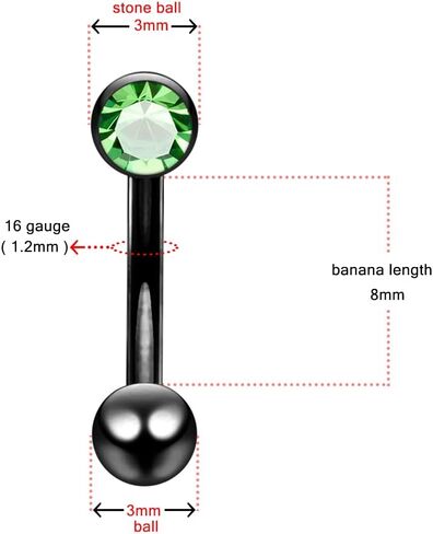 Single Crystal Stone Black Anodized 16 Gauge Stainless Steel Curved Barbell - Eyebrow Bar - Tragus Piercing - Helix Body Piercing Jewelry in Saudi Arabia
