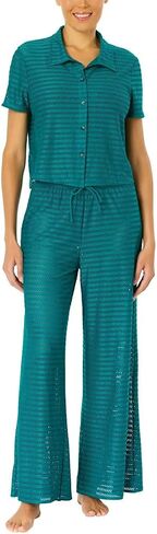 Hurley Women's 2 قطعة Crochet Swim Cover Up ، أعلى الأكمام القصيرة و Pant (Green ، X-Large) in Saudi Arabia