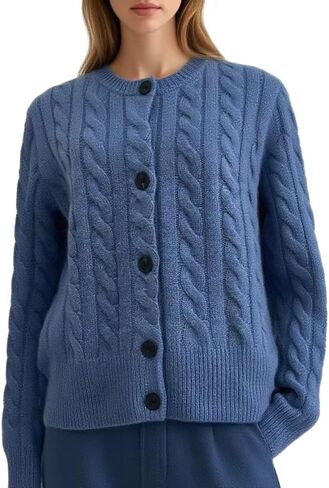 Women's Cashmere and Merino Wool Blend Cable Knit Button Front Cardigan Sweater,Long Sleeve,Thick Knit in Saudi Arabia
