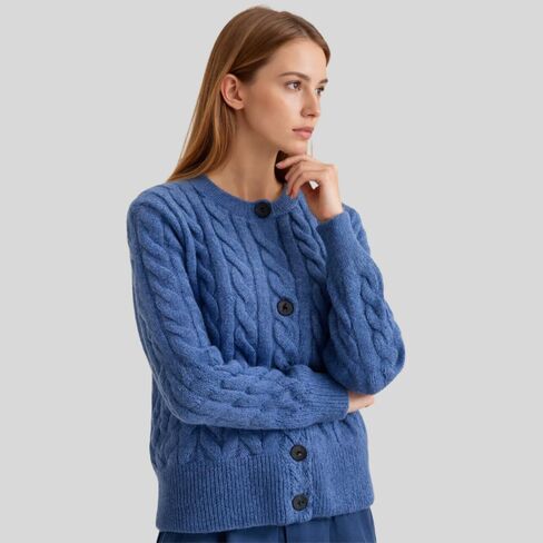 Women's Cashmere and Merino Wool Blend Cable Knit Button Front Cardigan Sweater,Long Sleeve,Thick Knit in Saudi Arabia