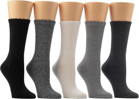 BEARPAW Womens 5 Pair Pack Super Soft Modern Multicolor Assorted Easy Care Solid Crew Socks With Scallop Edge Neutral Colors in Saudi Arabia