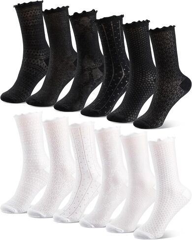 12 Pairs Women's Ruffle Socks Lace Ankle Socks for Women White and Black Mesh Casual Cotton Crew Sock in Saudi Arabia