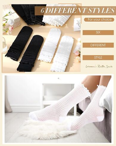12 Pairs Women's Ruffle Socks Lace Ankle Socks for Women White and Black Mesh Casual Cotton Crew Sock in Saudi Arabia