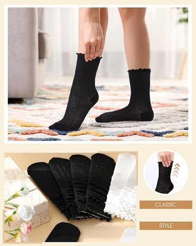 12 Pairs Women's Ruffle Socks Lace Ankle Socks for Women White and Black Mesh Casual Cotton Crew Sock in Saudi Arabia