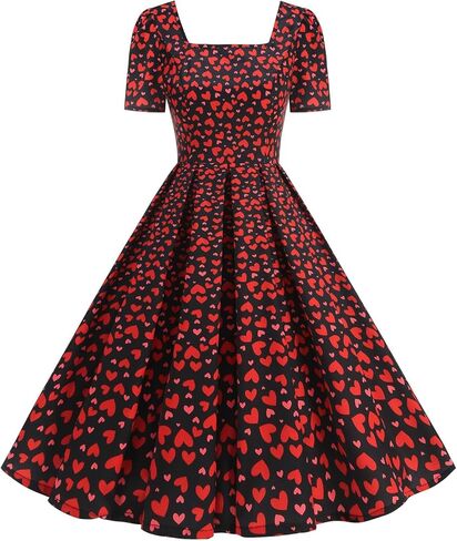 Valentine's Maxi Dresses for Women Heart Print Short Sleeve Pleated Dress Dressy Cute A-Line Flowy Swing Dresses in Kuwait