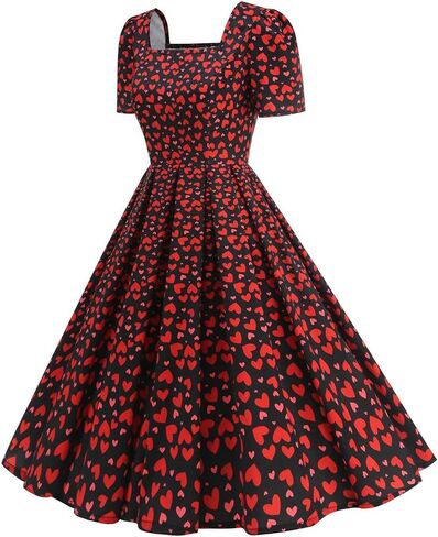 Valentine's Maxi Dresses for Women Heart Print Short Sleeve Pleated Dress Dressy Cute A-Line Flowy Swing Dresses in Kuwait