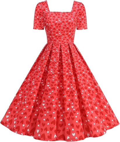 Valentine's Maxi Dresses for Women Heart Print Short Sleeve Pleated Dress Dressy Cute A-Line Flowy Swing Dresses in Saudi Arabia