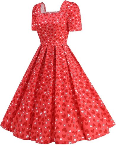Valentine's Maxi Dresses for Women Heart Print Short Sleeve Pleated Dress Dressy Cute A-Line Flowy Swing Dresses in Saudi Arabia