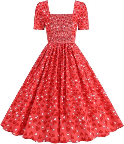 Valentine's Maxi Dresses for Women Heart Print Short Sleeve Pleated Dress Dressy Cute A-Line Flowy Swing Dresses in Saudi Arabia