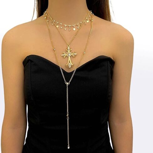 GIGB PBDK Layered Chunky Gold Cross Lariat Necklace for Women,Vintage Y Shaped Long Pendant Statement Necklace,Exquisite Heart Zircon Jewelry Accessories Gifts in Saudi Arabia