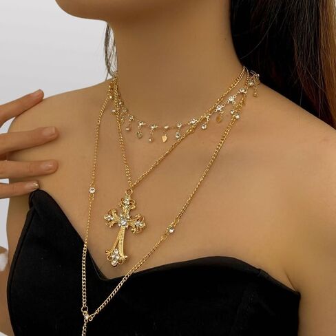 GIGB PBDK Layered Chunky Gold Cross Lariat Necklace for Women,Vintage Y Shaped Long Pendant Statement Necklace,Exquisite Heart Zircon Jewelry Accessories Gifts in Saudi Arabia