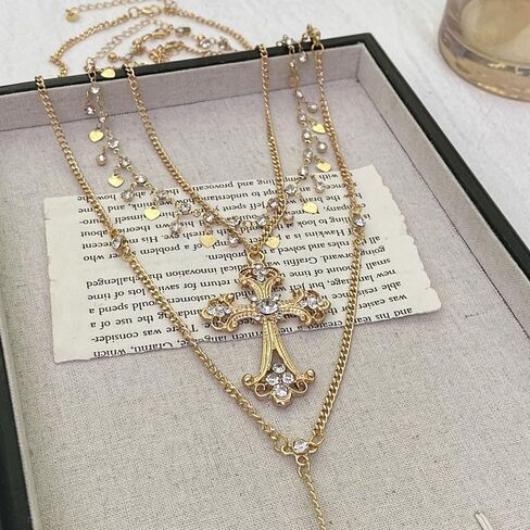 GIGB PBDK Layered Chunky Gold Cross Lariat Necklace for Women,Vintage Y Shaped Long Pendant Statement Necklace,Exquisite Heart Zircon Jewelry Accessories Gifts in Saudi Arabia