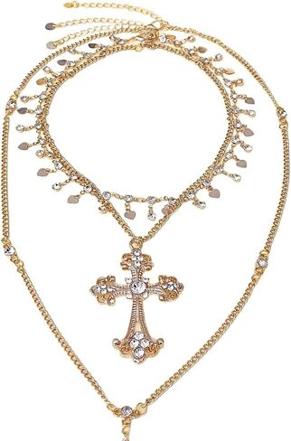GIGB PBDK Layered Chunky Gold Cross Lariat Necklace for Women,Vintage Y Shaped Long Pendant Statement Necklace,Exquisite Heart Zircon Jewelry Accessories Gifts in Saudi Arabia