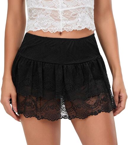 Women Y2k Lace Slip Skirt Ruffle Pleated Layered Flowy Mini Skirts in Kuwait