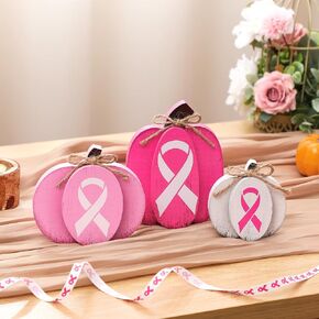 Leinuosen 3 Pack Breast Cancer Awareness Table Decor Pink Breast Cancer Pumpkin Tabletop Centerpieces Pumpkin Wooden Sign for Home Office Charity Party Decor in Saudi Arabia