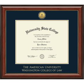 American University Washington College of Law 17" w x 14" h Diploma Frame - Fits a phd - Gold Engraved Medallion Diploma Frame - Cherry Moulding with Navy and Gold Matting in Kuwait