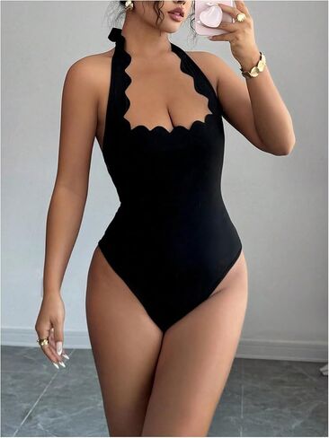 Milumia Women's Y2k Backless Halter Bodysuit Sleeveless Tie Back Scalloped Going Out Tank Tops in Saudi Arabia