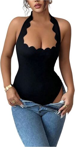 Milumia Women's Y2k Backless Halter Bodysuit Sleeveless Tie Back Scalloped Going Out Tank Tops in Saudi Arabia