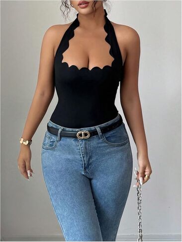 Milumia Women's Y2k Backless Halter Bodysuit Sleeveless Tie Back Scalloped Going Out Tank Tops in Saudi Arabia
