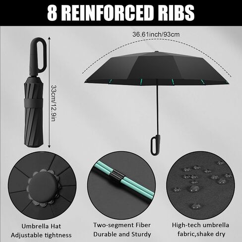Carabiner Handle Travel Umbrella, Windproof Large Umbrellas for Rain with Dual-Rib Structure, Portable Compact, Car Backpack, Sun Protection in Saudi Arabia