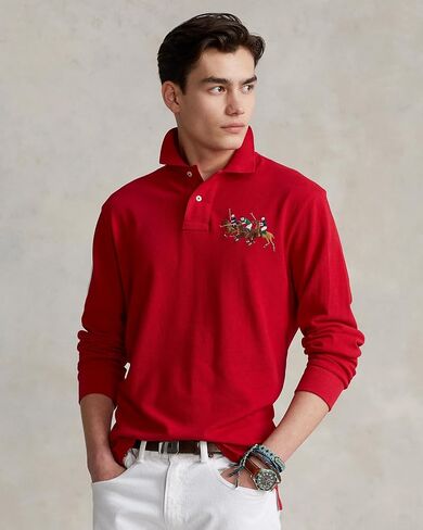 POLO RALPH LAUREN Classic Fit Mesh Triple Pony Long Sleeve Polo Shirt (X-Large, Red) in Saudi Arabia