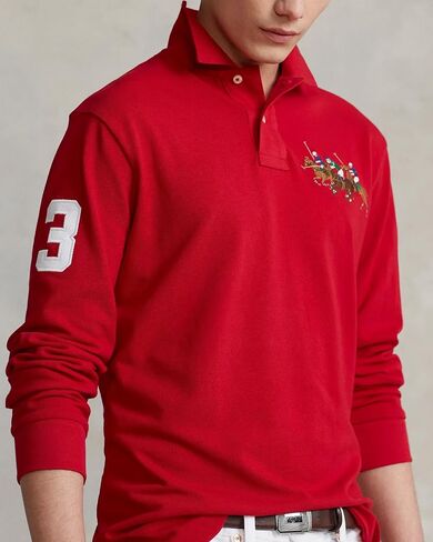 POLO RALPH LAUREN Classic Fit Mesh Triple Pony Long Sleeve Polo Shirt (X-Large, Red) in Saudi Arabia