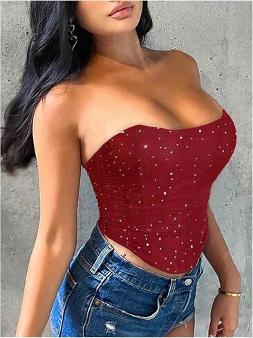 MakeMeChic Women's Sequin Strapless Corset Top Shapewear Sparkly Bustier Ruched Lace Up Party Crop Y2K Tops in Saudi Arabia