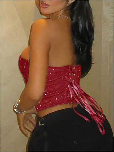 MakeMeChic Women's Sequin Strapless Corset Top Shapewear Sparkly Bustier Ruched Lace Up Party Crop Y2K Tops in Saudi Arabia
