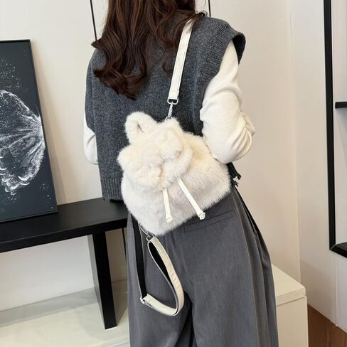حقيبة الظهر الرقيقة اللطيفة Kawaii Mini Furry Backpack Prose Y2K Bow Bow Fuzzy Backs for Girls Women Plush Daypack (White) in Saudi Arabia
