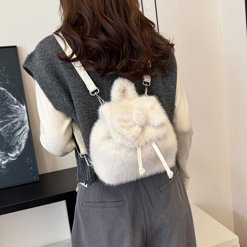 حقيبة الظهر الرقيقة اللطيفة Kawaii Mini Furry Backpack Prose Y2K Bow Bow Fuzzy Backs for Girls Women Plush Daypack (White) in Saudi Arabia