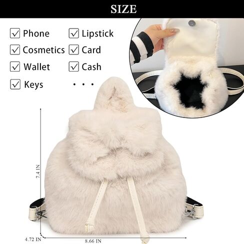 حقيبة الظهر الرقيقة اللطيفة Kawaii Mini Furry Backpack Prose Y2K Bow Bow Fuzzy Backs for Girls Women Plush Daypack (White) in Saudi Arabia
