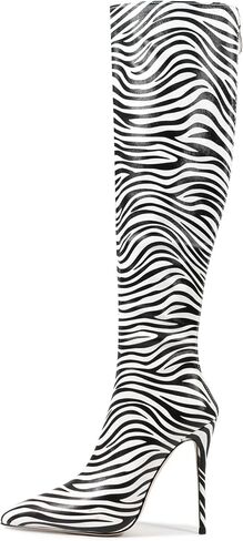 Zebra print black red burgundy purple knee high boots for women Orange High heeled Pointed toe Back zipper big size Stiletto heel Cow print shoes gold snakeskin boots in Saudi Arabia
