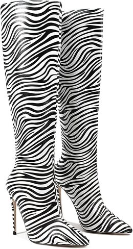 Zebra print black red burgundy purple knee high boots for women Orange High heeled Pointed toe Back zipper big size Stiletto heel Cow print shoes gold snakeskin boots in Saudi Arabia